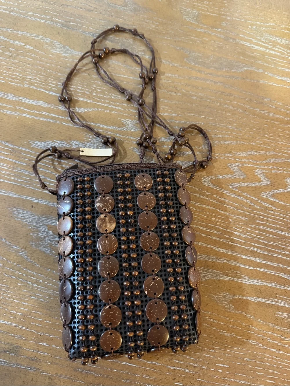 Handmade Brown & Cream Floral Bead Crossbody Bag